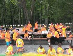 A group of people sitting at a picnic table.